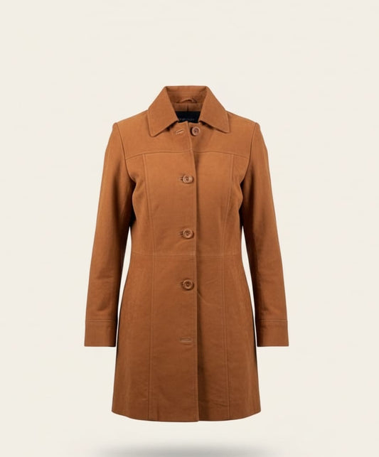 21 – Women’s Camel Brown Suede Long Coat – Refined Warmth